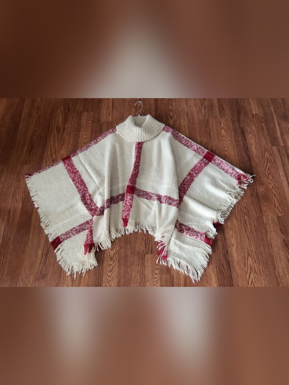 Boutique Cream Poncho Sweater with Red Plaid Trim